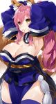  1girl adjusting_hair animal_ears armpits arms_behind_head arms_up bare_shoulders breasts brown_eyes cleavage detached_sleeves fate/grand_order fate_(series) fox_ears fox_tail highres japanese_clothes kimono kou_mashiro large_breasts long_hair mouth_hold obi pelvic_curtain pink_hair sash smile solo tail tamamo_(fate)_(all) tamamo_no_mae_(fate) thigh-highs zettai_ryouiki 