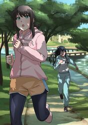  2girls :o alternate_costume amefurashi black_hair bridge brown_hair brown_shorts closed_eyes commentary_request dappled_sunlight day drawstring exhausted eyebrows_visible_through_hair fubuki_(kantai_collection) full_body green_eyes hood hood_down hoodie jogging kantai_collection legging long_hair long_sleeves low_ponytail multiple_girls ooyodo_(kantai_collection) open_mouth pants park path pink_footwear raglan_sleeves rimless_eyewear river road shoes short_hair shorts sidelocks sunlight sweat track_pants track_suit tree water 