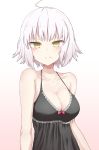  &gt;:( 1girl ahoge bangs bare_arms bare_shoulders blush bow breasts cleavage eyebrows_visible_through_hair fate/grand_order fate_(series) gradient gradient_background highres jeanne_alter lingerie looking_at_viewer medium_breasts negligee nenosame pink_background pink_bow ruler_(fate/apocrypha) short_hair silver_hair solo spaghetti_strap tsurime underwear underwear_only upper_body yellow_eyes 