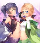  3girls ;o absurdres asymmetrical_docking bangs bare_shoulders belly_to_belly black_bow black_hair black_shirt blue_eyes blunt_bangs blush bob_cut bow bowtie breast_press breasts buttons collared_shirt commentary_request crop_top doll eyebrows_visible_through_hair green_kimono green_skirt hair_between_eyes hair_bow hands_on_hips highres japanese_clothes kimono kokka_han long_hair long_sleeves looking_at_viewer low_ponytail matsuko_(urara_meirochou) mole mole_under_eye multiple_girls natsume_nono no_bra obi off_shoulder one_eye_closed open_mouth orange_hair partially_unbuttoned pink_neckwear pleated_skirt puckered_lips purple_skirt red_kimono sash shirt short_eyebrows short_hair skirt sleeveless small_breasts thick_eyebrows twintails two-tone_background upper_body urara_meirochou violet_eyes white_kimono white_shirt wide_sleeves yukimi_koume 