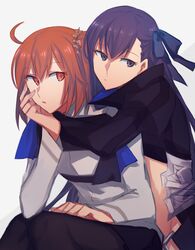  2girls ahoge aoki_shizumi blue_ribbon fate/grand_order fate_(series) fujimaru_ritsuka_(female) hair_ribbon hand_on_lap head_rest hug hug_from_behind long_sleeves looking_away meltlilith multiple_girls open_mouth orange_eyes orange_hair purple_hair ribbon scrunchie sitting violet_eyes yuri 