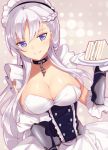  1girl arm_guards azur_lane belfast_(azur_lane) braid breasts chains cleavage closed_mouth collar collarbone corset dress dutch_angle food french_braid frills holding holding_plate large_breasts lavender_hair long_hair looking_at_viewer maid_headdress plate sandwich shiny shiny_skin smile solo strapless strapless_dress sumomo_(peach-breath) upper_body very_long_hair violet_eyes white_dress 