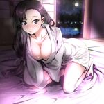  1girl arm_support bangs bed_sheet black_hair blush breasts brown_eyes cleavage collarbone full_moon futon girls_und_panzer japanese_clothes kimono kneeling large_breasts long_hair looking_at_viewer low-tied_long_hair moon nakahira_guy night nishi_kinuyo open_door open_mouth sky sliding_doors solo star_(sky) starry_sky sweat wide_sleeves yukata 