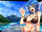  1girl bikini_top blue_eyes blue_hair blue_sky bracelet breasts cleavage commentary_request fish_scales fish_tail forest hair_between_eyes hand_up head_fins highres jewelry large_breasts lipstick makeup mermaid monster_girl mountain nature navel navel_piercing open_mouth piercing ryuuichi_(f_dragon) shining_needle_castle sidelocks sky smile solo touhou tree wakasagihime webbed_hands 