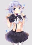  1girl :o absurdres argyle argyle_legwear bangs bat_wings black_bow black_capelet black_skirt blue_eyes blush bow buttons center_frills commentary_request crop_top eyebrows_visible_through_hair frilled_shirt frilled_skirt frills gochuumon_wa_usagi_desu_ka? grey_background hair_ornament hairclip halloween_costume head_wings highres kafuu_chino light_blue_hair long_hair looking_at_viewer midriff navel open_mouth pantyhose ponytail ruriruno shirt sidelocks skirt solo sparkle striped striped_bow white_legwear white_shirt wings wrist_cuffs x_hair_ornament 