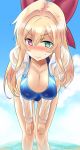  1girl blonde_hair blue_sky blue_swimsuit blush bow breasts cleavage closed_mouth collarbone cowboy_shot day flower_knight_girl foreshortening green_eyes hair_bow heterochromia ishizu_kayu ivy_(flower_knight_girl) large_breasts leaning_forward long_hair looking_at_viewer nose_blush one-piece_swimsuit open_clothes open_shirt red_bow see-through shirt sky solo swimsuit violet_eyes wet wet_clothes wet_shirt 