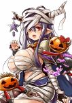  1girl antenna_hair bandage black_hair blush bow breasts claw_pose commentary danua doll doraf granblue_fantasy gretel_(granblue_fantasy) hair_between_eyes halloween hansel_(granblue_fantasy) horn_ornament horns jack-o&#039;-lantern large_breasts long_hair looking_at_viewer open_mouth pointy_ears red_bow red_eyes sitting sketch star unname white_background 