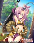  1girl :&lt; animal_print armpits arms_up beans bikini_top chains club copyright_name cuffs detached_sleeves fighting_stance flat_chest hair_ornament jokou koihime_musou loincloth long_hair navel official_art outdoors pochadon purple_hair rope setsubun showgirl_skirt side_ponytail skirt solo spiked_club tiger_print tree violet_eyes weapon 