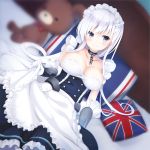  1girl apron azur_lane bangs belfast_(azur_lane) blue_eyes blush braid breasts closed_mouth eyebrows_visible_through_hair frilled_apron frills gloves kanora large_breasts long_hair looking_at_viewer lying on_back on_bed silver_hair smile solo union_jack waist_apron white_gloves white_hair 