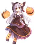  1girl commentary_request detached_sleeves elbow_gloves gloves hat jack-o&#039;-lantern long_hair looking_at_viewer open_mouth orange_eyes original pumpkin silver_hair yuuhagi_(amaretto-no-natsu) 