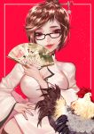  1girl bird black-framed_eyewear black_legwear breasts brown_eyes brown_hair chicken china_dress chinese_clothes cleavage_cutout dress eyeshadow fan folding_fan frame hair_bun hair_ornament hair_stick hand_on_hip highres long_sleeves looking_at_viewer makeup medium_breasts mei_(overwatch) nail_polish overwatch parted_lips red_background red_lips rooster short_hair simple_background smile snowflake_hair_ornament solo thigh-highs upper_body ziiiing 