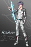  absurdres blue_eyes energy_sword excalibur_(warframe) fingerless_gloves gloves highres kai_(pixiv12466647) personification short_hair sword warframe weapon 