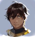  1boy armor bangs brown_hair closed_mouth dark_skin dark_skinned_male earrings face fate/grand_order fate/prototype fate/prototype:_fragments_of_blue_and_silver fate_(series) gorget grey_background hair_between_eyes idk-kun jewelry looking_to_the_side male_focus portrait rider_(fate/prototype_fragments) simple_background solo yellow_eyes 