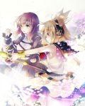  2girls belt blonde_hair bracer clenched_hands earmuffs highres hijiri_byakuren long_sleeves makuwauri multiple_girls purple_hair sailor_collar scabbard sheath sleeveless sword touhou toyosatomimi_no_miko weapon yellow_eyes 