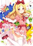  1girl ass bangs blonde_hair blush book bow brown_eyes confetti curly_hair d: dango_remi dress eromanga_sensei eyebrows_visible_through_hair fang frills from_side hair_bow hands_up leg_up long_hair long_sleeves looking_at_viewer looking_back mary_janes nintendo_switch open_book open_mouth pink_dress red_bow shoes sidelocks solo thigh-highs white_bow white_legwear yamada_elf 