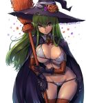  1girl amania_orz bikini breasts broom c.c. cape cleavage code_geass dated elbow_gloves flower front-tie_top gloves gluteal_fold green_hair groin halloween halloween_costume hat hat_flower hat_ornament jack-o&#039;-lantern_ornament large_breasts long_hair looking_at_viewer navel orange_gloves orange_legwear purple_gloves ribbon side-tie_bikini sidelocks smile solo star swimsuit thigh-highs twitter_username under_boob white_background white_bikini witch_hat yellow_eyes 