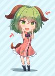  1girl :d absurdres animal_ears boots chibi dress ehrrr eyebrows_visible_through_hair green_eyes green_hair hair_between_eyes hands_on_own_face highres kasodani_kyouko looking_at_viewer open_mouth red_eyes short_hair sleeveless sleeveless_dress smile solo tail touhou 