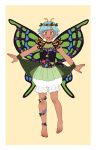  1girl :d adapted_costume antennae barefoot bloomers blue_hair blush brown_eyes butterfly_wings dark_skin dress eternity_larva head_wreath highres looking_at_viewer nekolina open_mouth outstretched_arms short_hair smile solo tan touhou underwear wings wrist_cuffs 