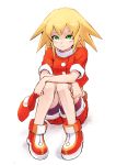  1girl aosa_(momikin) bike_shorts blonde_hair breasts cabbie_hat full_body gloves green_eyes hat jacket long_hair looking_at_viewer red_jacket red_shorts rockman rockman_dash roll_caskett shorts solo white_background 