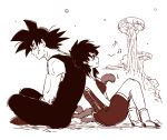  1boy 1girl :d armor back-to-back bardock black_eyes black_hair boots couple dragon_ball expressionless gine happy looking_away miiko_(drops7) monochrome musical_note open_mouth scar sepia short_hair simple_background smile tail white_background 