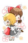  &gt;_&lt; 2girls :3 ^_^ blush blush_stickers brown_hair chibi closed_eyes crying hakurei_reimu height_difference hug kirisame_marisa long_hair multiple_girls natsune_ilasuto shoes skirt smile socks tears touhou translated 