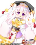  1girl character_request copyright_name hat japanese_clothes kimono koihime_musou long_hair obi official_art open_mouth pink_hair pink_kimono pochadon ribbon sash sleeves_past_wrists smile solo violet_eyes 