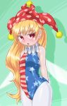  1girl american_flag arms_behind_back bare_arms bare_shoulders blonde_hair blush clownpiece commentary_request cowboy_shot fairy_wings green_background hat jester_cap leotard long_hair looking_at_viewer neck_ruff pantyhose polka_dot red_hat solo star star_print striped touhou very_long_hair white_legwear wings winn 
