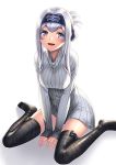  1girl :d bangs between_legs black_legwear blush breasts dress grey_eyes grey_eyes grey_sweater hand_between_legs headband kamoi_(kantai_collection) kantai_collection kyon_(fuuran) large_breasts long_hair looking_at_viewer open_mouth ribbed_sweater sidelocks silver_hair simple_background sitting sleeves_past_wrists smile solo sweater sweater_dress thick_eyebrows thigh-highs wariza white_background 