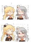  2girls bare_shoulders blonde_hair blush bottle bow bowtie braid breasts cleavage_cutout commentary_request drunk eyebrows_visible_through_hair flying_sweatdrops french_braid grey_hair hair_between_eyes hat holding holding_bottle kantai_collection long_hair mini_hat multiple_girls open_mouth pola_(kantai_collection) rebecca_(keinelove) red_bow remodel_(kantai_collection) shirt side_braid simple_background smile sweatdrop thick_eyebrows translated upper_body wavy_hair white_background white_shirt zara_(kantai_collection) |_| 