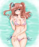  1girl bikini blush breasts brown_hair cleavage collarbone commentary_request grey_eyes groin hair_ornament kantai_collection looking_at_viewer lying navel ponytail purple_bikini saratoga_(kantai_collection) solo swimsuit tachibana_hiroki 