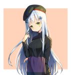  1girl :&lt; bangs beret black_hat black_sweater blunt_bangs blush border breasts closed_mouth clover_hair_ornament eyebrows_visible_through_hair facial_mark girls_frontline hair_ornament hair_twirling hat hk416_(girls_frontline) long_hair long_sleeves looking_at_viewer medium_breasts orange_background silver_hair simple_background solo straight_hair sweater towel tp_(kido_94) twitter_username upper_body very_long_hair white_border 