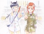  2girls :d agahari animal_ears closed_mouth cowboy_shot eyepatch koi_dance long_hair looking_at_another minna-dietlinde_wilcke multiple_girls open_mouth redhead sakamoto_mio smile strike_witches thighs traditional_media v watercolor_(medium) world_witches_series 