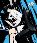  1girl black_hair blue_hair brown_eyes choker flat_color high_contrast jewelry labcoat looking_at_viewer necklace persona persona_5 short_hair sitting solo takemi_tae werkbau 