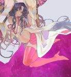  1girl arm_support bangs black_hair boots breasts commentary fate/extra fate/extra_ccc fate_(series) grey_background hand_in_hair head_tilt high_heel_boots high_heels horns kibadori_rue large_breasts looking_at_viewer mouth_hold navel pink_footwear purple_sky sesshouin_kiara sitting sky smile solo space star_(sky) starry_sky thigh-highs thigh_boots yellow_eyes 