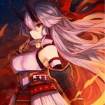  1girl armor breasts fate/grand_order fate_(series) floating_hair glowing headband highres japanese_armor long_hair medium_breasts mou_tama_maru night oni oni_horns outdoors parted_lips red_eyes sideboob silver_hair sode solo tomoe_gozen_(fate/grand_order) tsurime upper_body 