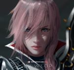  1girl armor artist_name blue_eyes blurry close-up closed_mouth depth_of_field final_fantasy final_fantasy_xiii hair_between_eyes lightning_farron long_hair looking_at_viewer patreon_logo patreon_username pink_hair pink_lips solo sparks wlop 