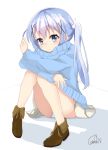  1girl :o alternate_hairstyle bangs blue_eyes blue_sweater blush boots brown_footwear bunny_hair_ornament casual commentary_request eyebrows_visible_through_hair gochuumon_wa_usagi_desu_ka? hair_ornament hair_tousle hairclip highres kafuu_chino knees_together_feet_apart kousaka_nobaku light_blue_hair long_hair long_sleeves looking_at_viewer miniskirt panties pantyshot pantyshot_(sitting) parted_lips pleated_skirt shadow signature sitting skirt solo sweater twintails underwear upskirt white_background white_panties white_skirt x_hair_ornament 