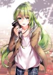  1boy :d arm_behind_back bangs black_pants blush brown_coat casual coat collarbone cowboy_shot cup dappled_sunlight enkidu_(fate/strange_fake) eyebrows_visible_through_hair fate/strange_fake fate_(series) glint green_eyes green_hair hane_yuki highres holding holding_cup long_hair long_sleeves male_focus open_clothes open_coat open_mouth pants paper_cup shirt smile standing sunlight tile_floor tiles trap unbuttoned very_long_hair white_shirt 