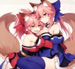  2girls animal_ears blue_legwear breasts cleavage collar fang fate/extra fate/grand_order fate_(series) fox_ears fox_tail hair_ribbon hug japanese_clothes large_breasts long_hair multiple_girls muryotaro open_mouth paws pink_hair ribbon sweatdrop tail tamamo_(fate)_(all) tamamo_cat_(fate) tamamo_no_mae_(fate) yellow_eyes 
