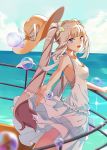  1girl :d blue_eyes blush breasts bubble dress fate/grand_order fate_(series) hair_ribbon hat hat_removed headwear_removed long_hair looking_at_viewer marie_antoinette_(fate/grand_order) marie_antoinette_(swimsuit_caster)_(fate) medium_breasts ocean open_mouth railing ribbon silver_hair smile smile_(mm-l) solo twintails very_long_hair white_dress 
