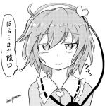  1girl ascot bags_under_eyes closed_mouth eyebrows_visible_through_hair greyscale hairband heart heart_of_string komeiji_satori looking_at_viewer monochrome short_hair smile taurine_8000mg touhou translation_request twitter_username 