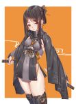  1girl black_hair black_legwear blush breasts brown_eyes closed_mouth cowboy_shot dagger fangxiang_cuoluan folded_ponytail highres holding holding_sword holding_weapon long_sleeves orange_background original sidelocks small_breasts solo sword thick_eyebrows thigh-highs thighs unsheathed weapon wide_sleeves 
