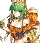  &gt;:/ 1girl :/ ahoge alcohol alternate_costume animal_ears archer_of_red armpits beer beer_mug blonde_hair breasts cat_ears choker cleavage closed_mouth commentary cosplay fate/apocrypha fate/grand_order fate_(series) green_eyes green_hair long_hair looking_at_viewer mata_hari_(fate/grand_order) mata_hari_(fate/grand_order)_(cosplay) melon22 multicolored_hair navel off-shoulder_shirt orange_shirt shirt small_breasts solo stomach two-tone_hair very_long_hair 