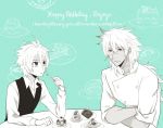  2boys ab_i_ba ahoge bangs cake commentary crossed_arms eating eyebrows_visible_through_hair fate/apocrypha fate/grand_order fate_(series) food fork green_background happy_birthday holding holding_fork long_hair long_sleeves male_focus monochrome multiple_boys orc pie saber_of_black scar shirt short_hair sieg_(fate/apocrypha) waistcoat white_shirt 