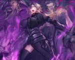  1boy 1girl armor bangs black_legwear breasts caster_(fate/zero) chains d: dragon fate/grand_order fate_(series) faulds fire gauntlets grey_hair hand_up headpiece holding jeanne_alter large_breasts legs_apart melon22 open_mouth purple_fire ruler_(fate/apocrypha) short_hair solo_focus teeth thigh-highs thighs yellow_eyes 