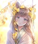  1girl :o animal_ears autumn_leaves backlighting bangs blunt_bangs blush brown_eyes brown_hair flower fox_ears fox_girl hair_flower hair_ornament head_tilt highres japanese_clothes kimono long_hair looking_away looking_to_the_side low-tied_long_hair myusha open_mouth original shiny shiny_hair solo upper_body white_kimono 