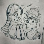  1boy 1girl black_eyes candy crossover eyebrows_visible_through_hair food gravity_falls gregory_(over_the_garden_wall) happy long_hair mabel_pines monochrome open_mouth over_the_garden_wall overalls pointing smile teapot text traditional_media twohairs 