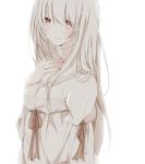  1girl albino backlighting bangs blouse blush closed_mouth hand_on_own_chest hiro_(hirohiro31) light_smile long_hair long_sleeves looking_at_viewer original pink_eyes sidelocks simple_background smile solo white_background white_blouse white_hair 