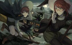  2boys 2girls broom broom_riding fire_emblem fire_emblem:_kakusei fire_emblem_heroes flying glasses grin halloween hat henry_(fire_emblem) highres looking_at_viewer miriel_(fire_emblem) multiple_boys multiple_girls night outdoors redhead richt_(fire_emblem) smile tharja witch witch_hat yellow_eyes 