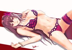  1girl artist_name asurada_yui bangs bare_arms bare_shoulders bikini bracelet breasts cleavage closed_mouth fate/grand_order fate_(series) flower frills from_side hair_flower hair_ornament hand_on_own_chest hibiscus jewelry knee_up large_breasts leg_garter lips long_hair looking_at_viewer looking_to_the_side lying nail_polish navel on_back pink_bikini purple_hair red_eyes red_nails scathach_(fate/grand_order) scathach_(swimsuit_assassin)_(fate) smile solo stomach swimsuit thighs 